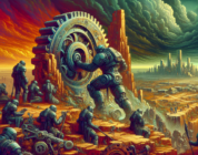 Create an intricate digital artwork of a futuristic, war-torn landscape showing a group of heavily armored soldiers examining mysterious, ancient gears embedded in a cliffside, with a devastated city