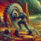 Create an intricate digital artwork of a futuristic, war-torn landscape showing a group of heavily armored soldiers examining mysterious, ancient gears embedded in a cliffside, with a devastated city