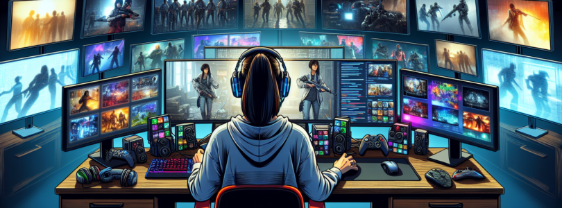 A gamer sitting at their desk, surrounded by gaming monitors. The monitors are all different sizes and shapes, and they display a variety of games. The gamer is wearing a headset and is focused on the