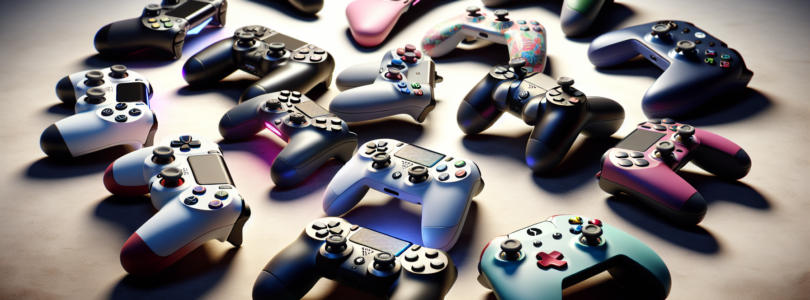 A photorealistic image of several Nintendo Switch controllers arranged in a visually appealing composition, showcasing their diverse designs, colors, and features. The controllers should be placed aga