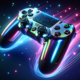 A sleek and futuristic PlayStation 5 controller with an iridescent finish, featuring advanced haptic feedback technology and adaptive triggers, floating against a vibrant background of blue and pink n