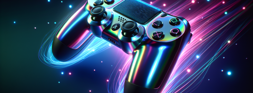 A sleek and futuristic PlayStation 5 controller with an iridescent finish, featuring advanced haptic feedback technology and adaptive triggers, floating against a vibrant background of blue and pink n