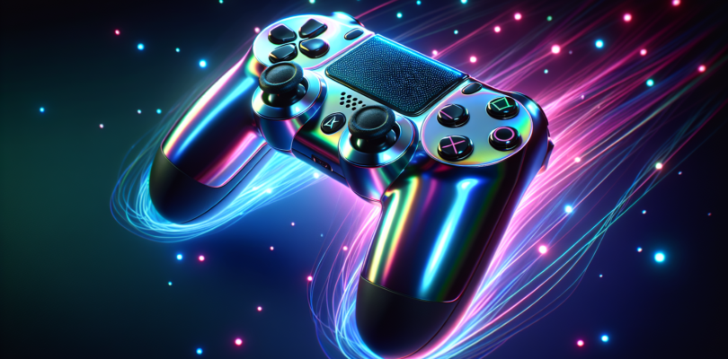 A sleek and futuristic PlayStation 5 controller with an iridescent finish, featuring advanced haptic feedback technology and adaptive triggers, floating against a vibrant background of blue and pink n